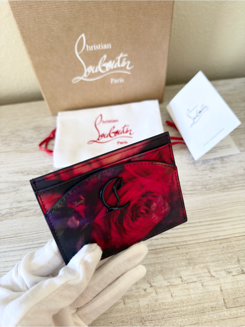New Christian Louboutin Loubi54 Rose Print Leather Card Holder